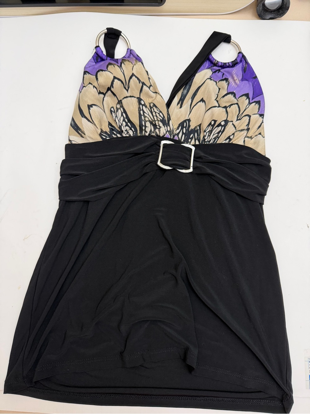 Black Halter Swim Top with Purple & Tan Floral Print